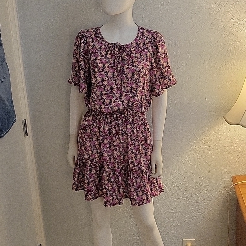UMGEE Romantic Floral Smock Ruffle Metallic Blouson Mini Fairycore Dress - Picture 3 of 9